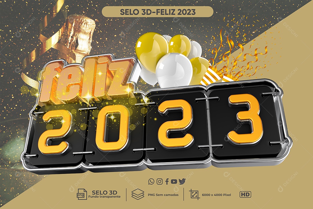 Selo 3D Feliz 2023 Ano Novo PNG Transparente Sem Fundo
