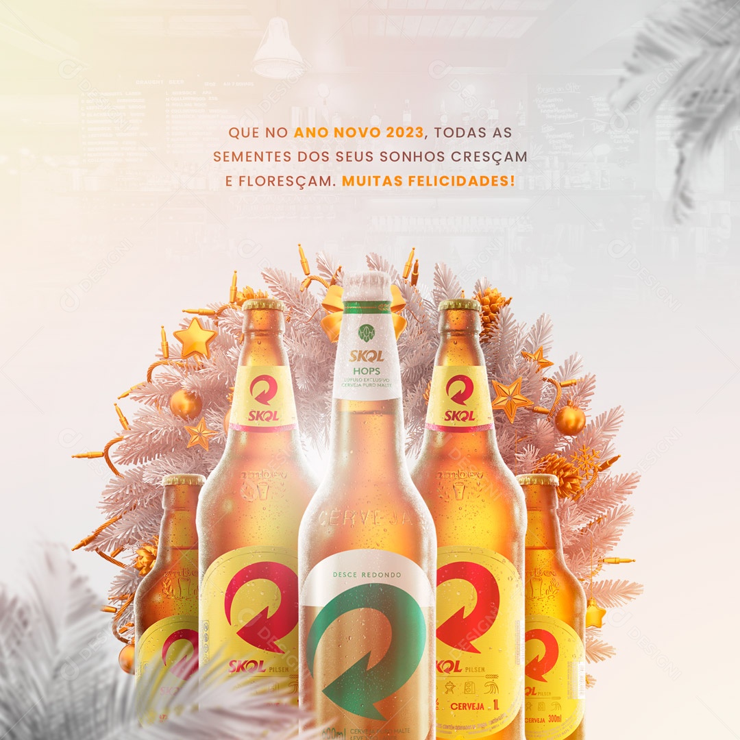 Feliz Ano Novo 2023 Com Cerveja Skol Gelada Distribuidora de Bebidas Social Media PSD Editável