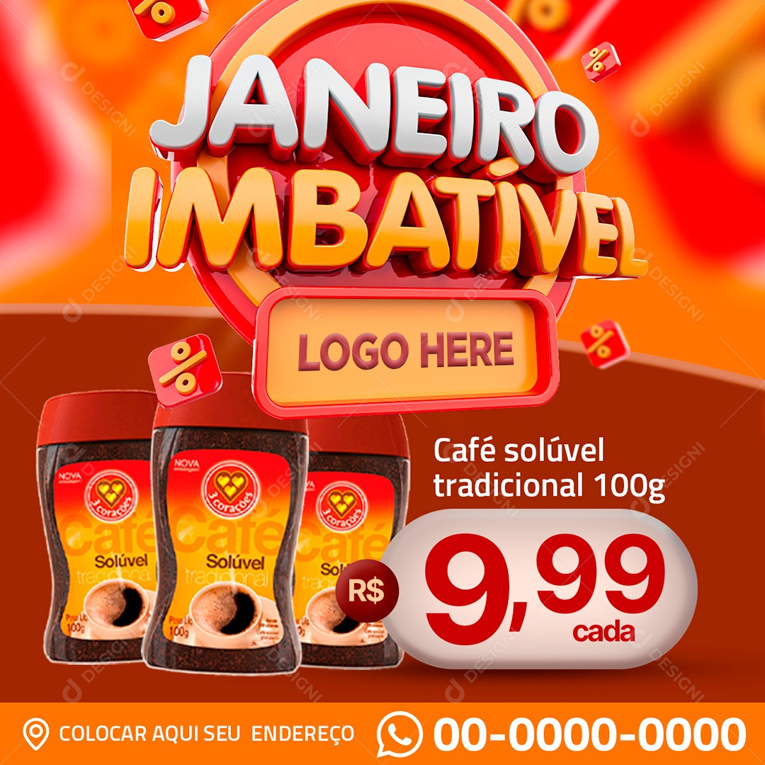 Encarte Supermercado Janeiro Imbatível Café Solúvel Social Media PSD Editável