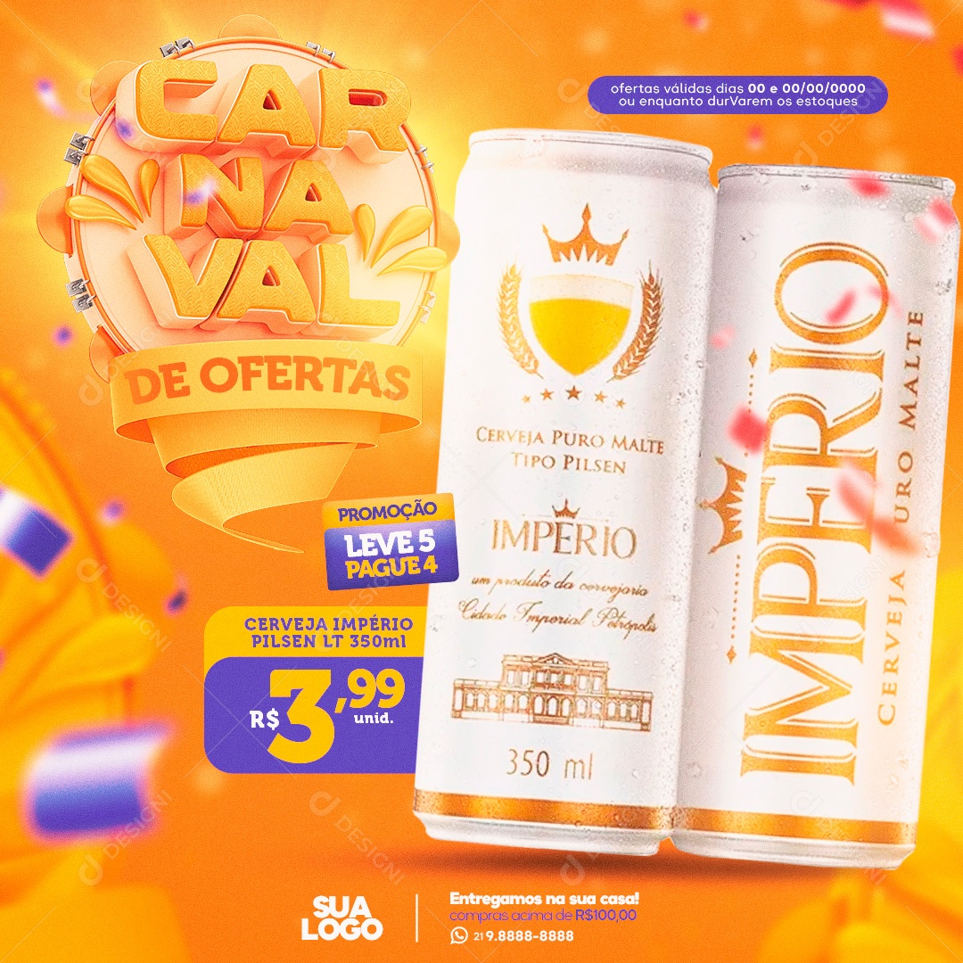 Post Carnaval de Ofertas Cerveja Império Lager Social Media PSD Editável