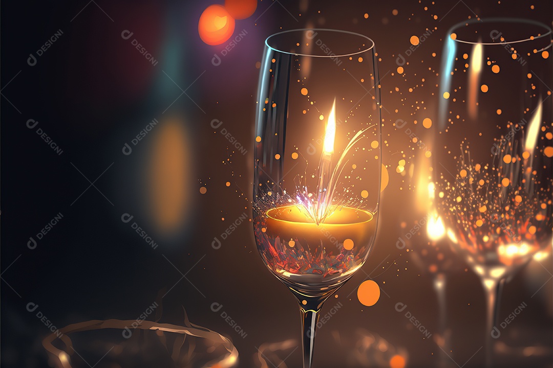 Feliz ano novo, taça de champanhe, fogos de artifício