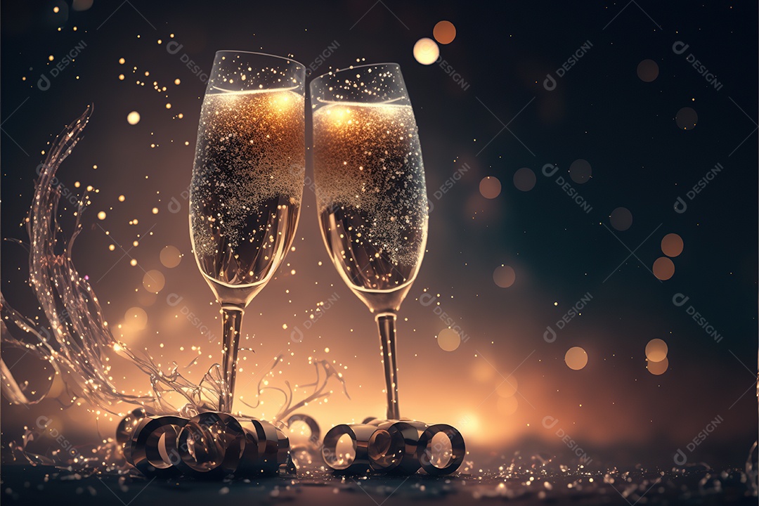 Feliz ano novo, taça de champanhe, fogos de artifício