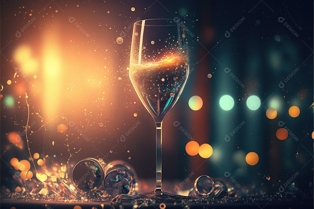 Feliz ano novo, taça de champanhe, fogos de artifício