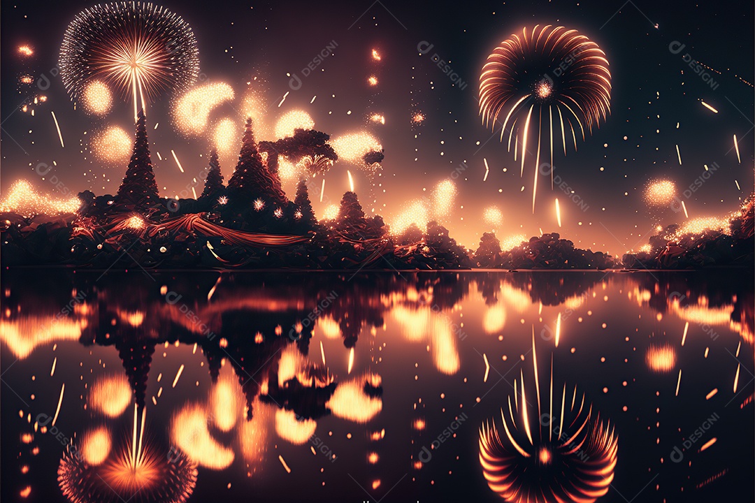 Feliz ano novo, taça de champanhe, fogos de artifício