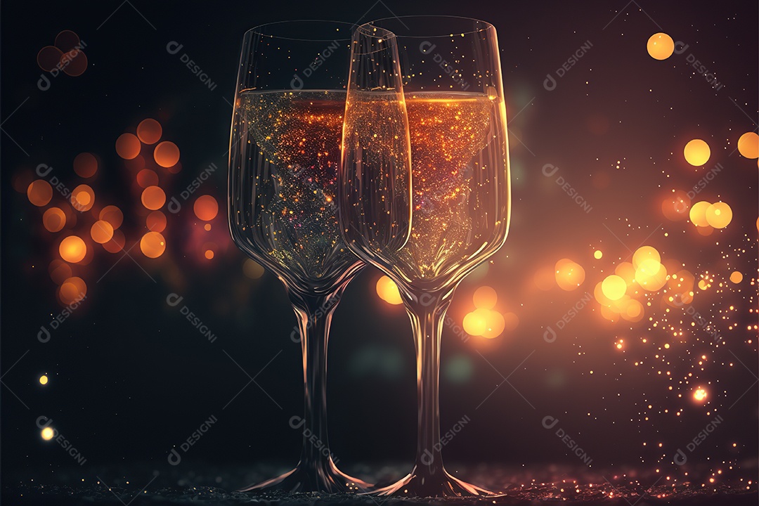 Feliz ano novo, taça de champanhe, fogos de artifício