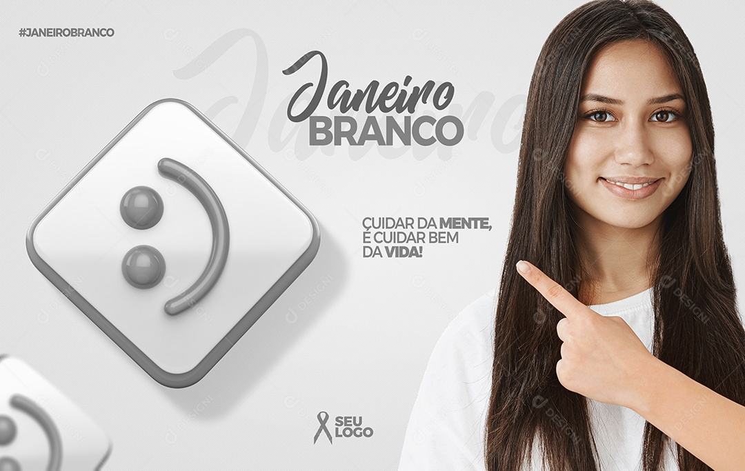 Mês Dedicado a Saúde Mental Janeiro Branco Cuidar da Mente é Cuidar Bem da Vida Social Media PSD Editável