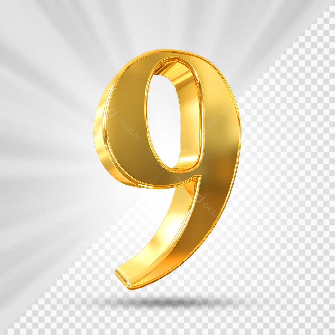 Número 9 3D Dourado Para composição PSD