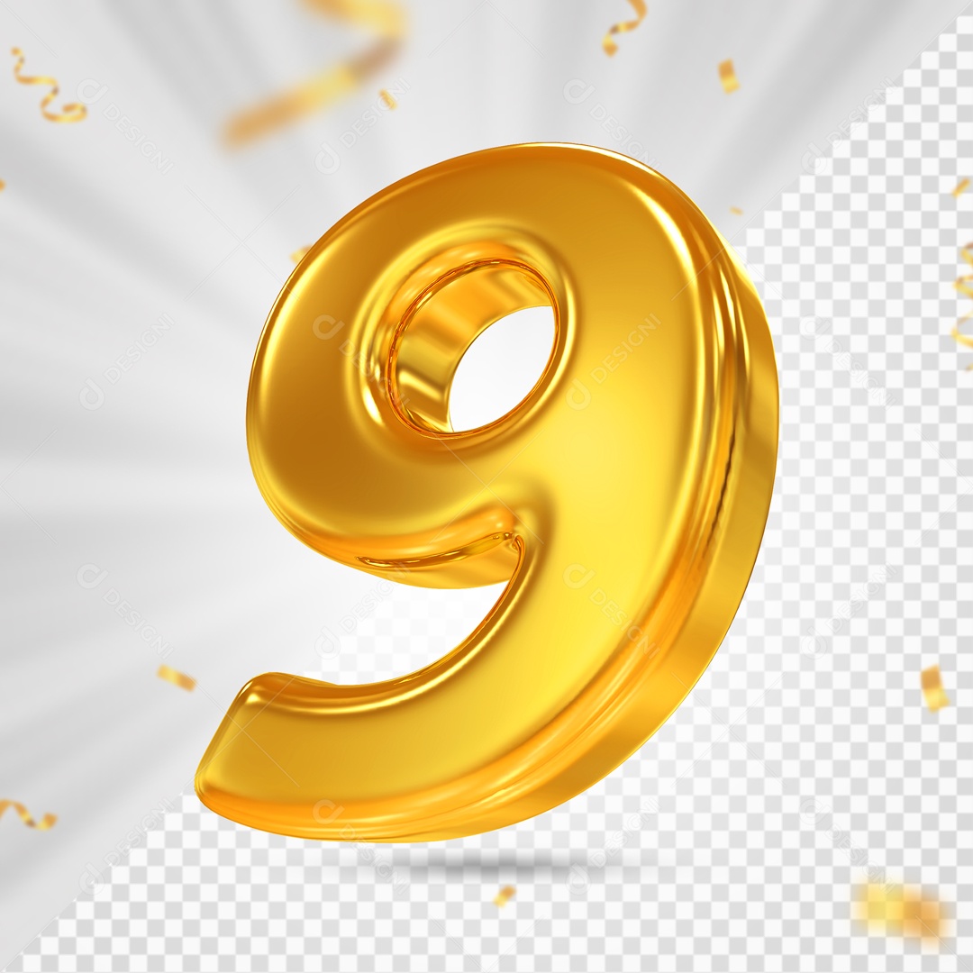 Número 3D 9 Dourado Para composição PSD