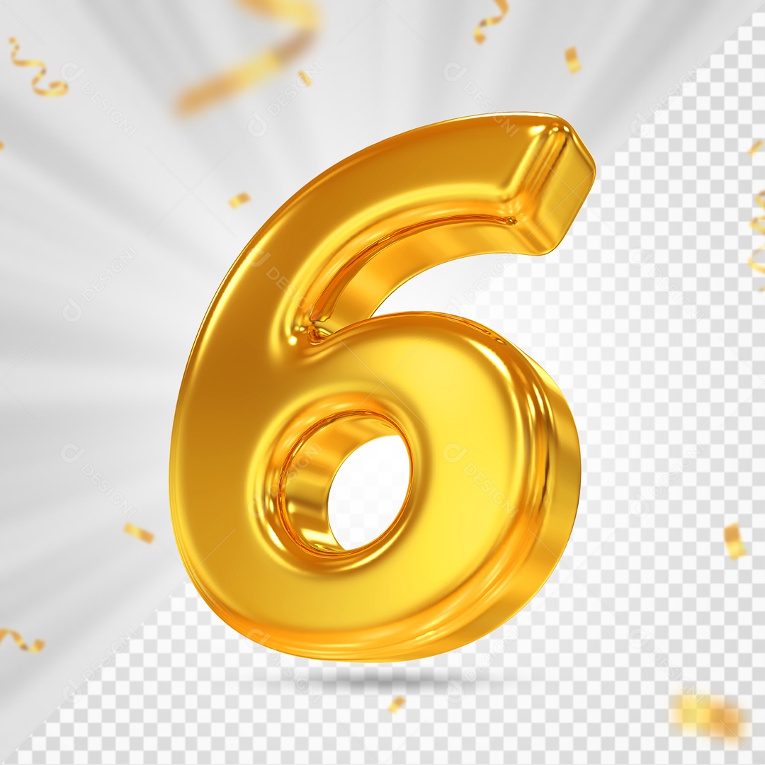 Número 3D 6 Dourado Para composição PSD
