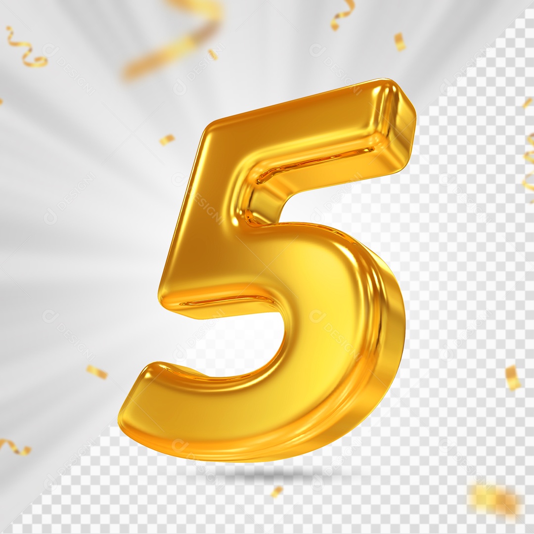 Número 3D 5 Dourado Para composição PSD