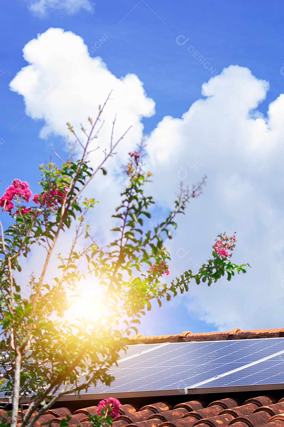 Painéis solares no telhado em um dia ensolarado e nublado.