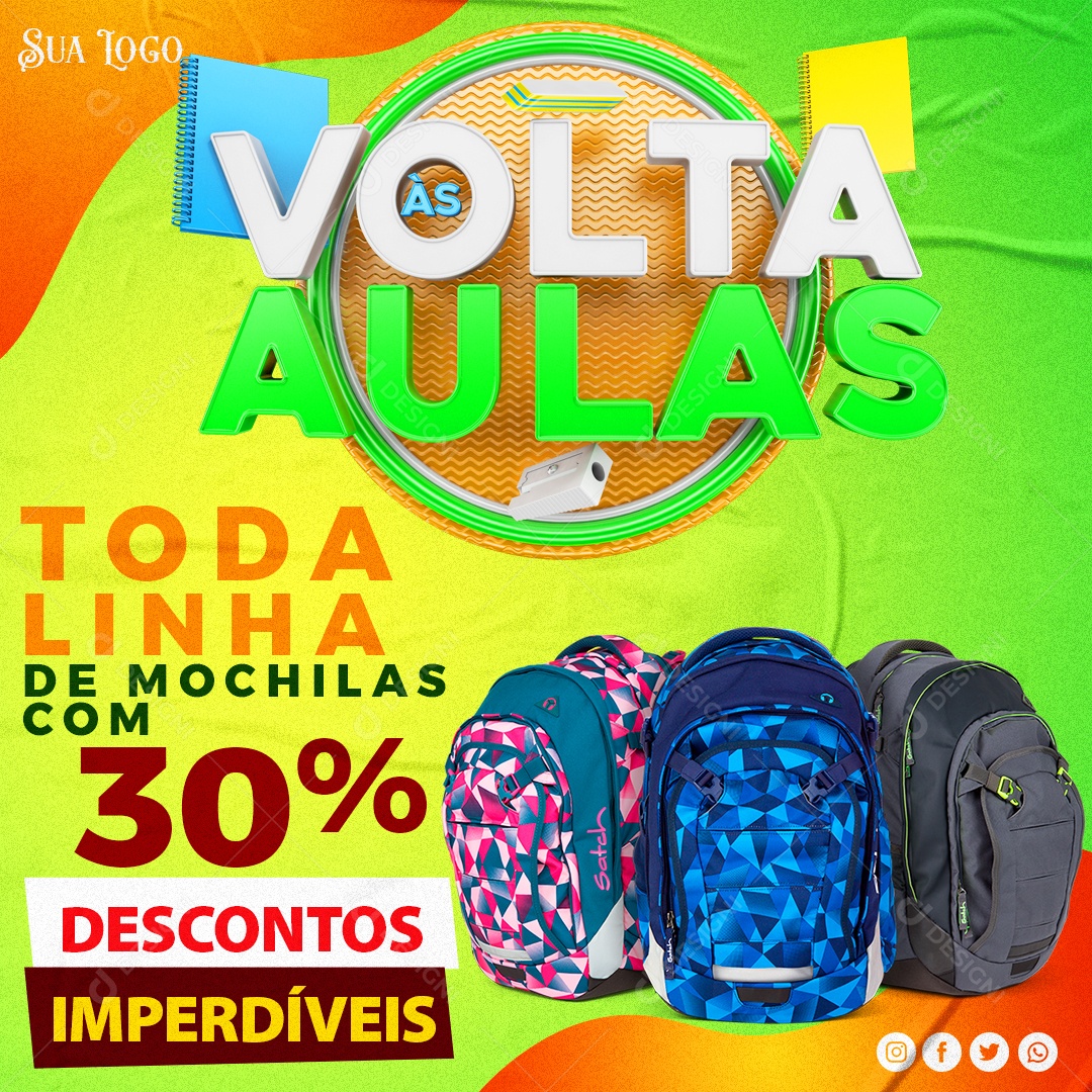 Volta às Aulas Toda Linha de Mochilas Com 30% de Desconto Social Media PSD Editável