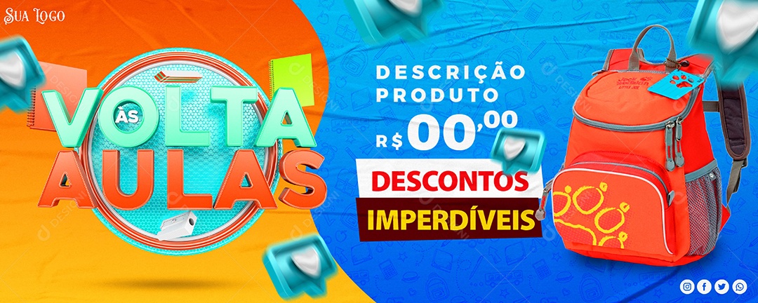 Banner Volta às Aulas Descontos Imperdíveis Social Media PSD Editável