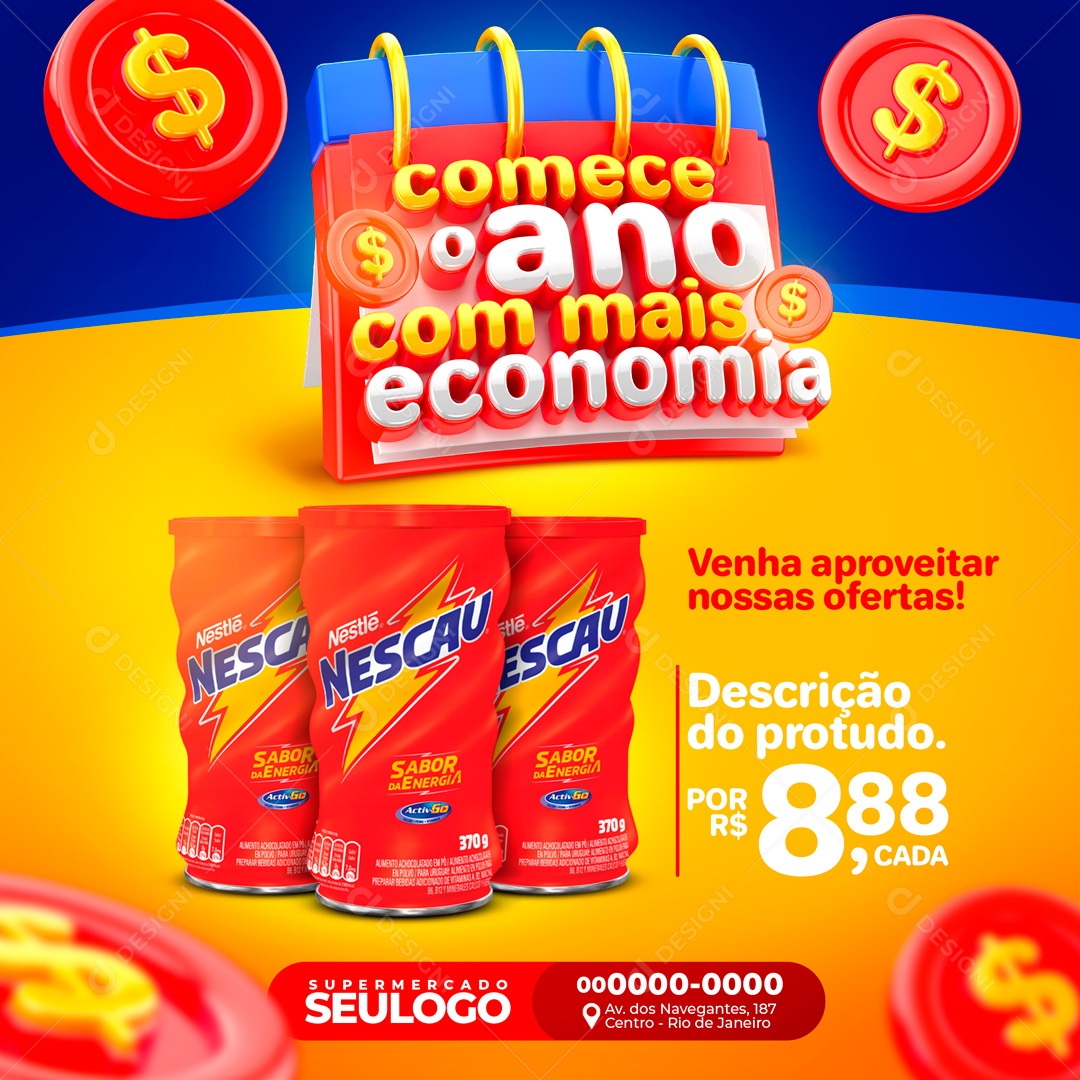 Comece o Ano Economizando 1 PRODUTO 1X1 Selo 3D para Composição de Supermercado e Mídia Social Editável