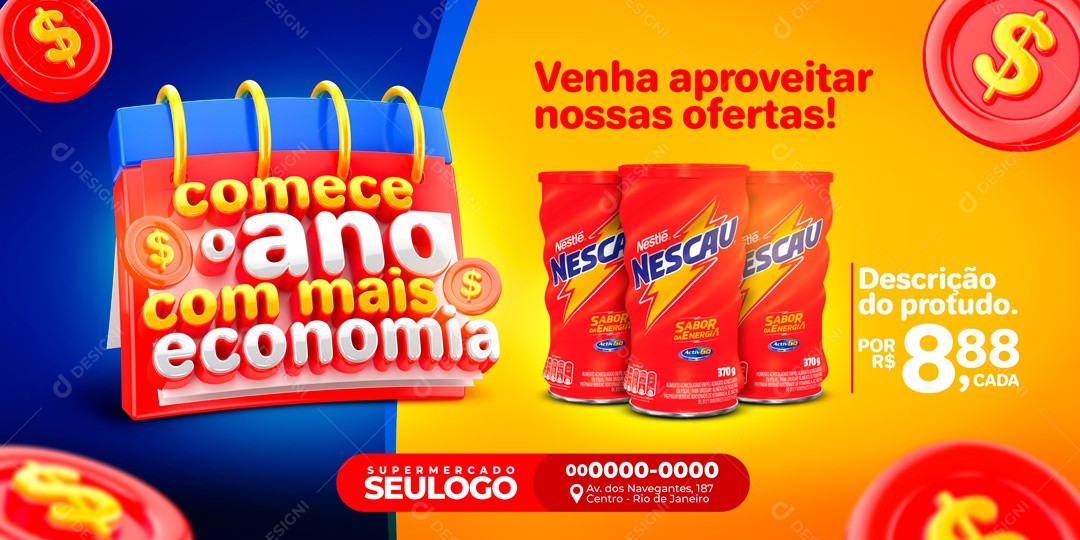 Banner Encarte Supermercado Comece O Ano Economizando Social Media PSD Editável