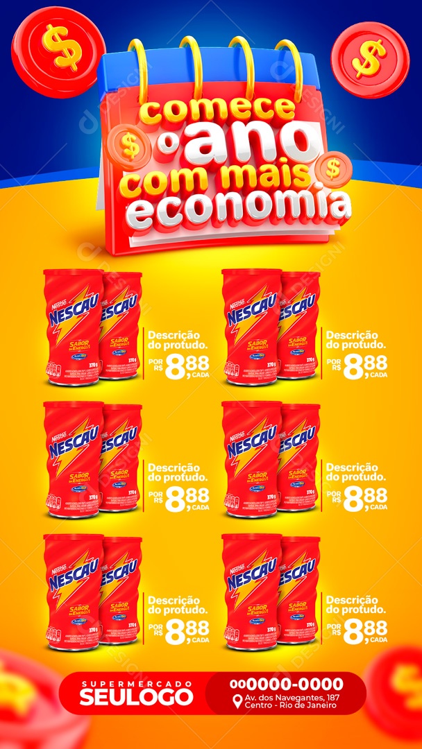 Encarte Stories Supermercado Comece O Ano Economizando Social Media PSD Editável