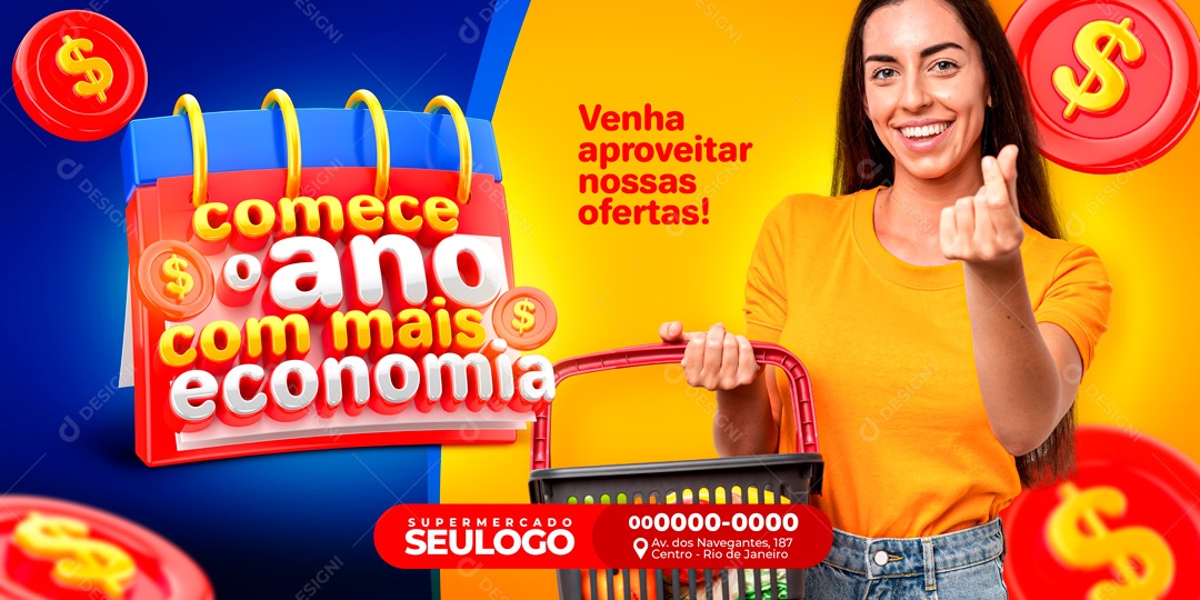 Banner Encarte Supermercado Comece O Ano Economizando Social Media PSD Editável