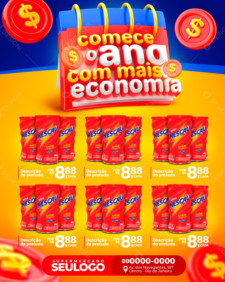Encarte Supermercado Comece O Ano Economizando Social Media PSD Editável