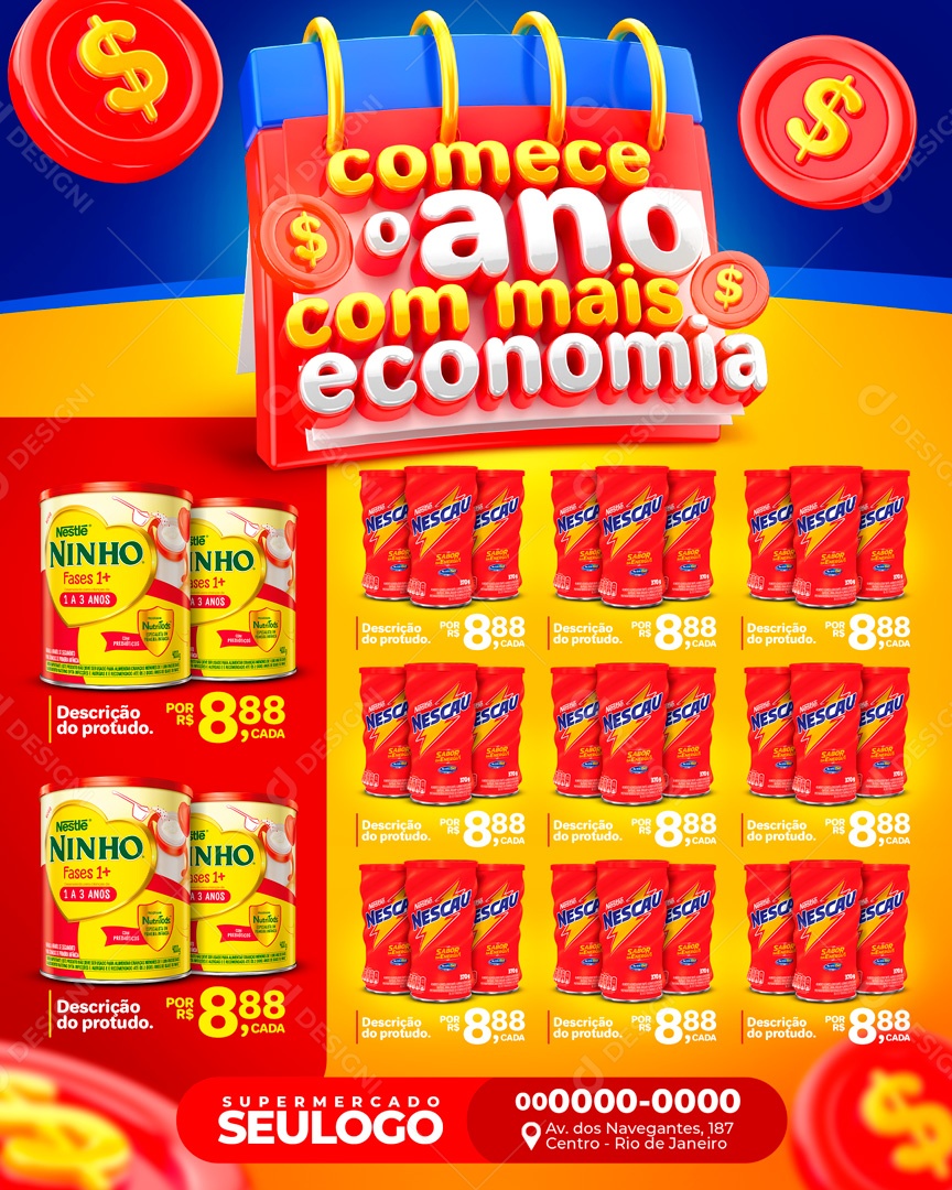 Encarte Supermercado Comece O Ano Economizando Social Media PSD Editável