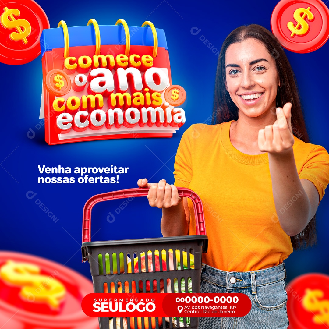 Post Supermercado Comece O Ano Economizando Social Media PSD Editável