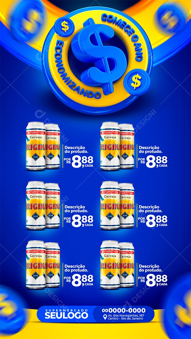 Encarte Stories Supermercado Comece O Ano Economizando Social Media PSD Editável