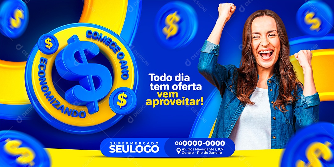 Banner Supermercado Comece O Ano Economizando Social Media PSD Editável
