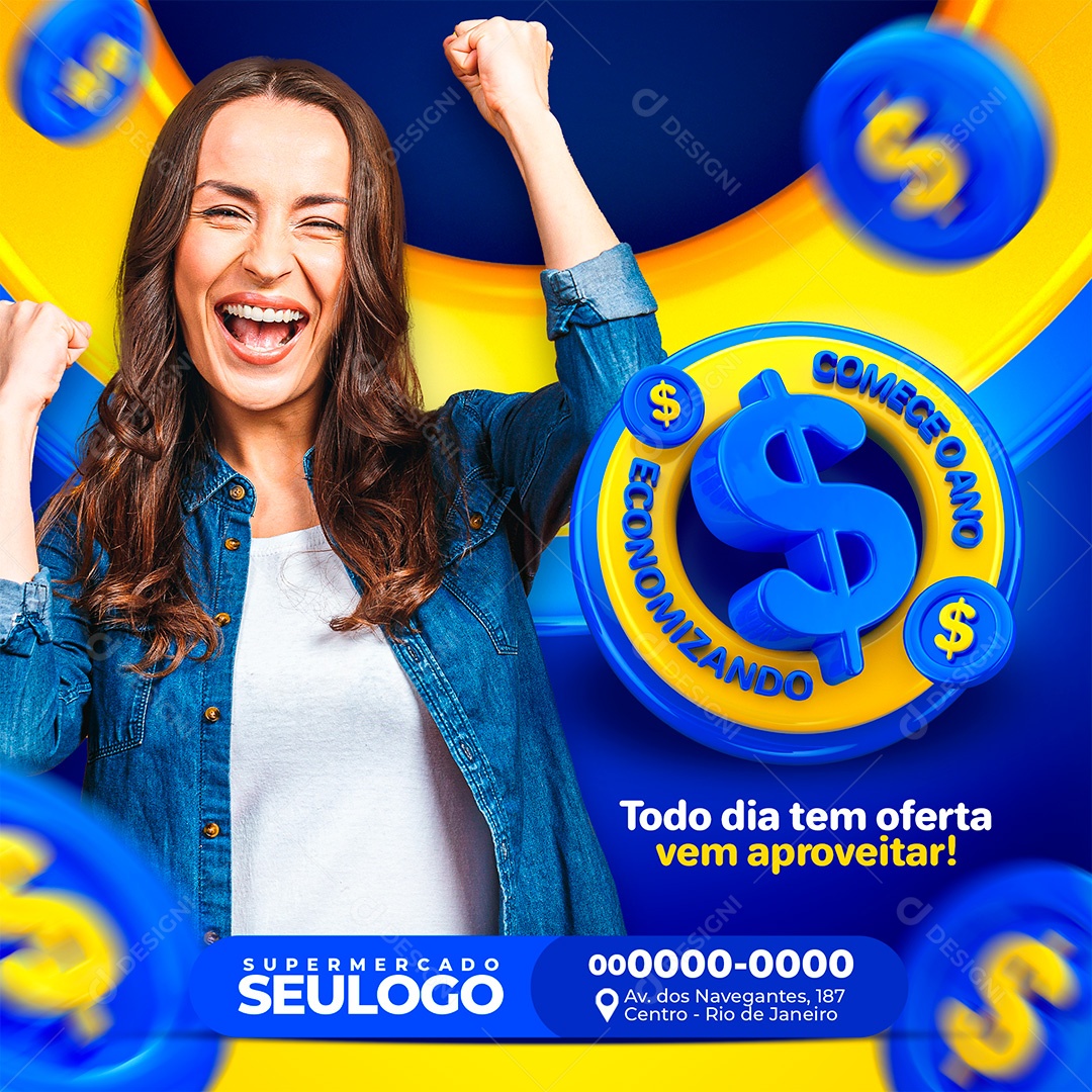 Post Supermercado Comece O Ano Economizando Social Media PSD Editável