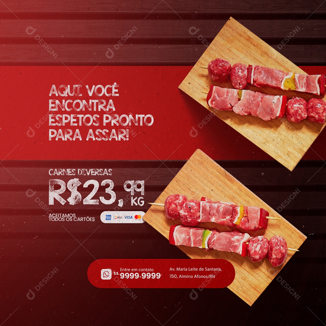 Aqui Você Encontra Espetos Pronto Açougue Social Media PSD Editável
