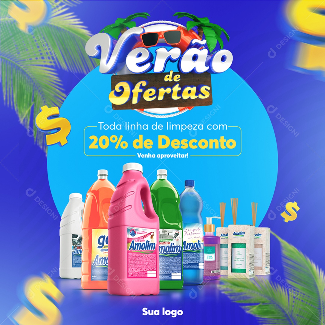 Verão de Ofertas Toda Linha de Produtos de Limpeza Com 20% de Desconto Social Media PSD Editável