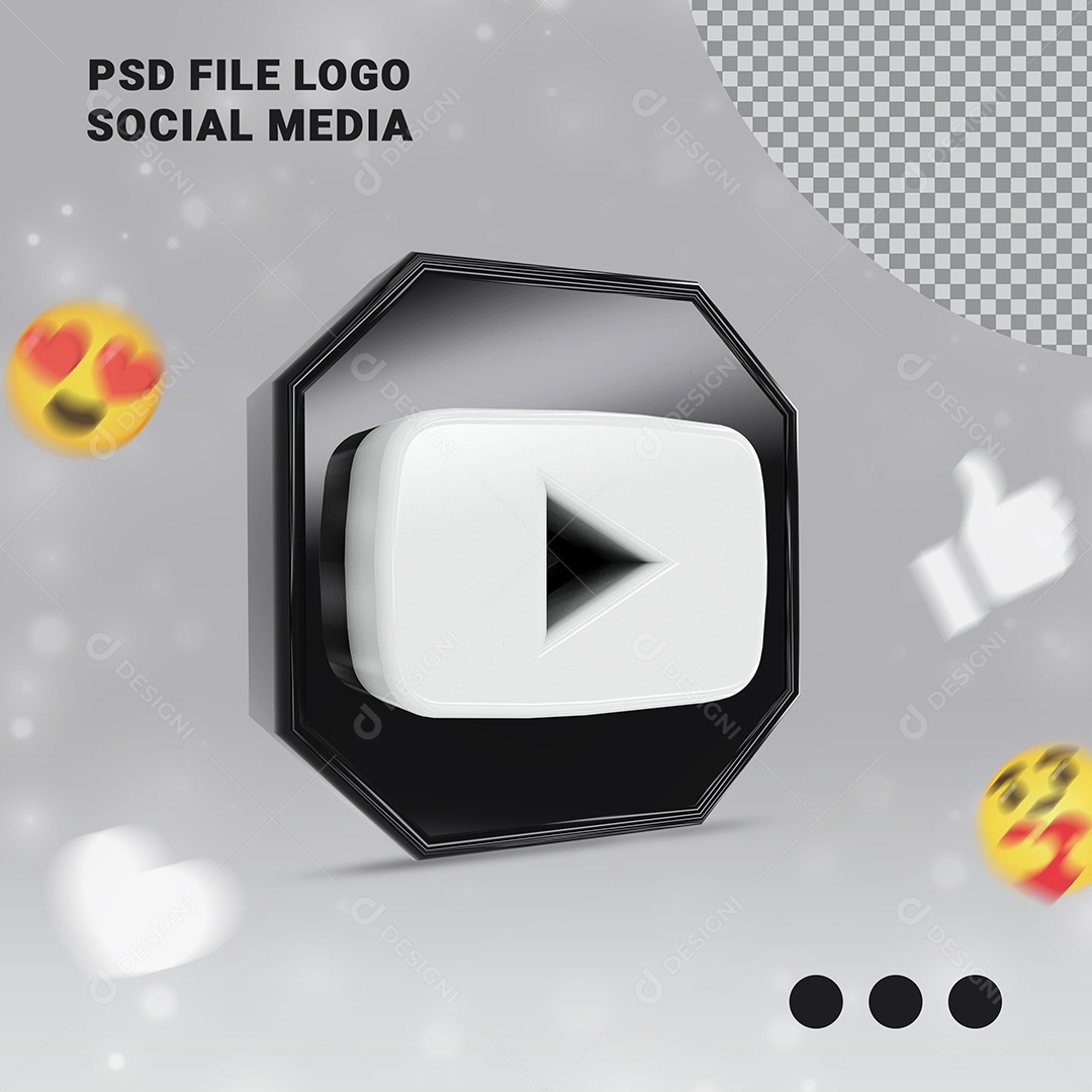 Ícone Youtube 3D Preto e Branco Elemento para Composição PSD