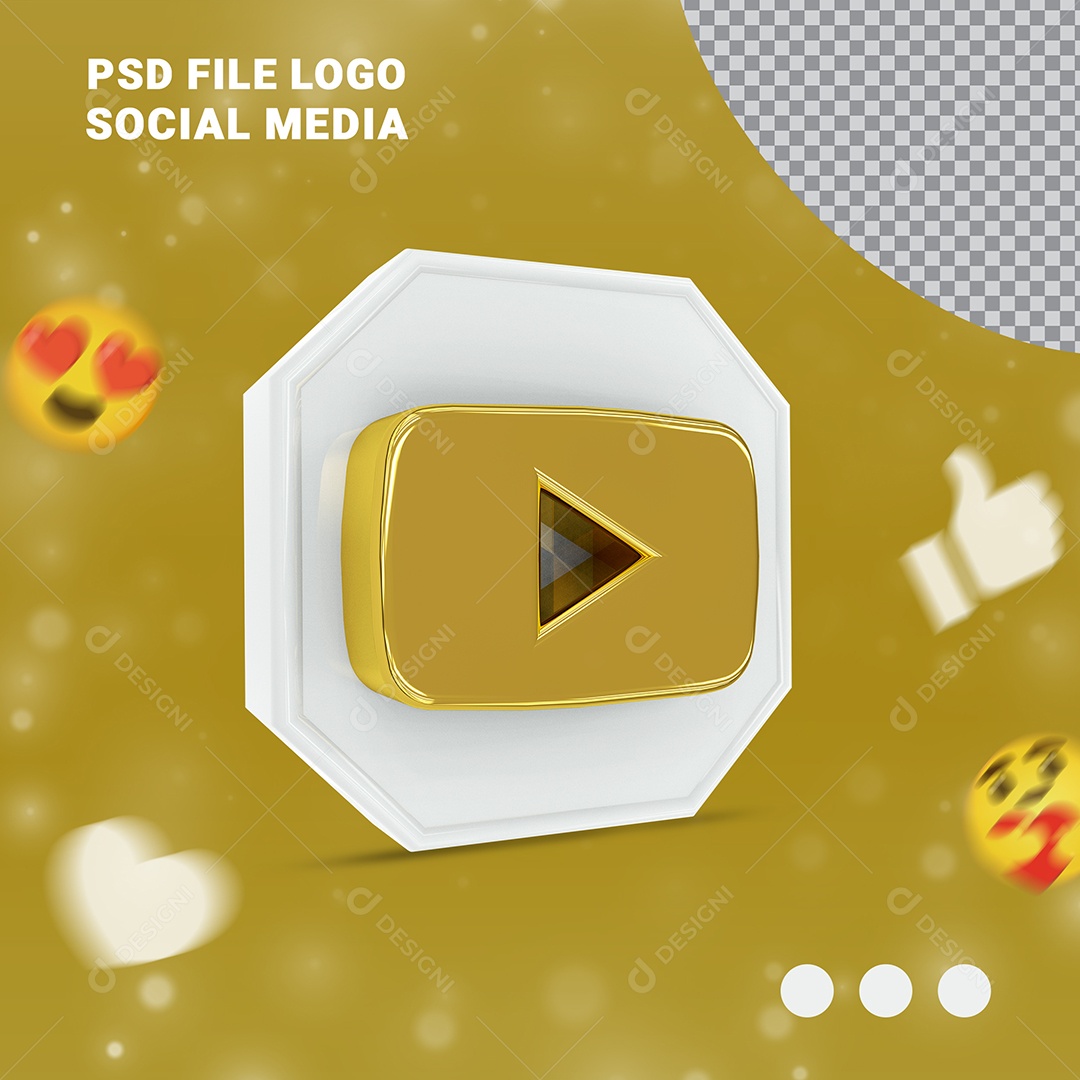 Ícone Youtube 3D Dourado e Branco Elemento para Composição PSD