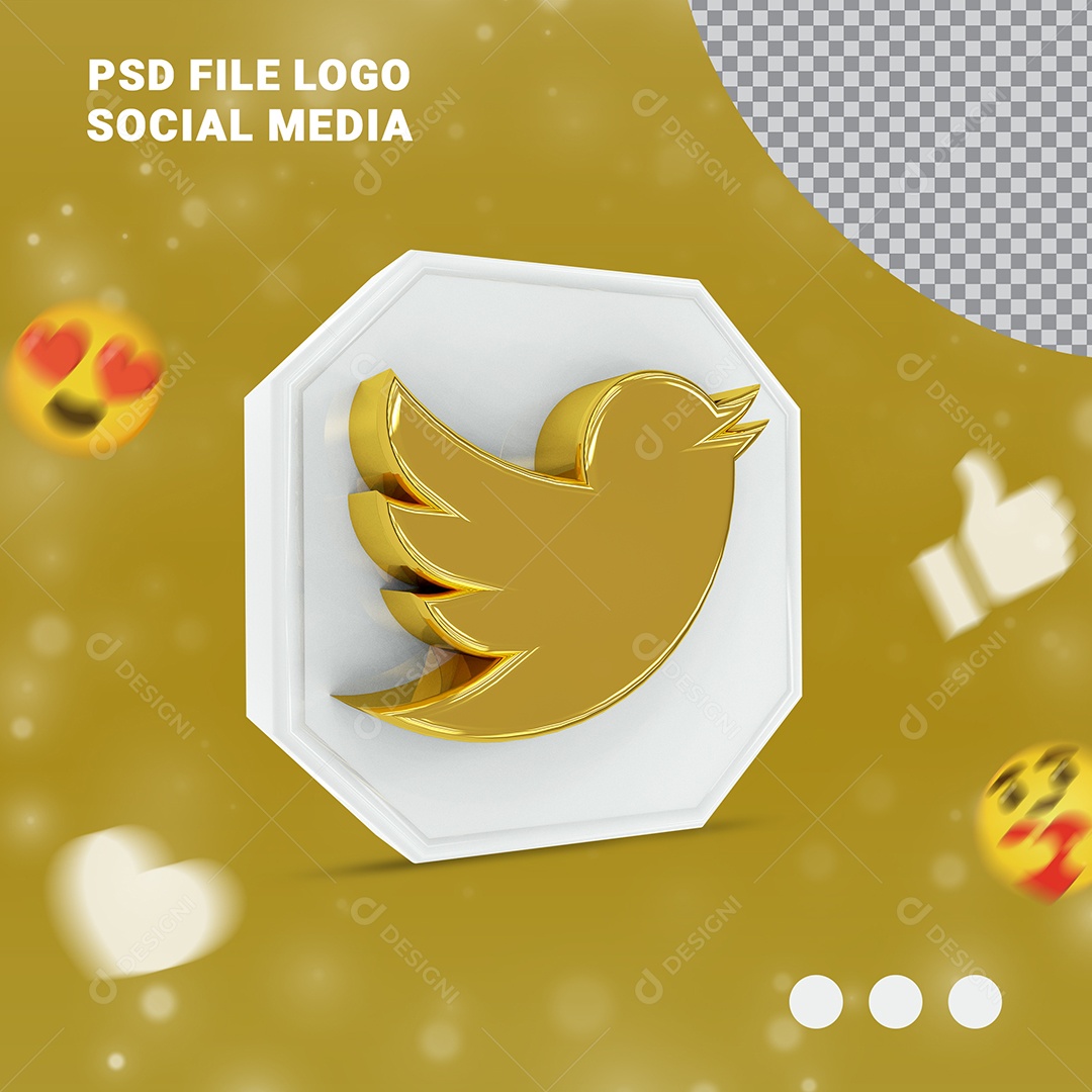 Ícone Twitter 3D Dourado e Branco Elemento para Composição PSD