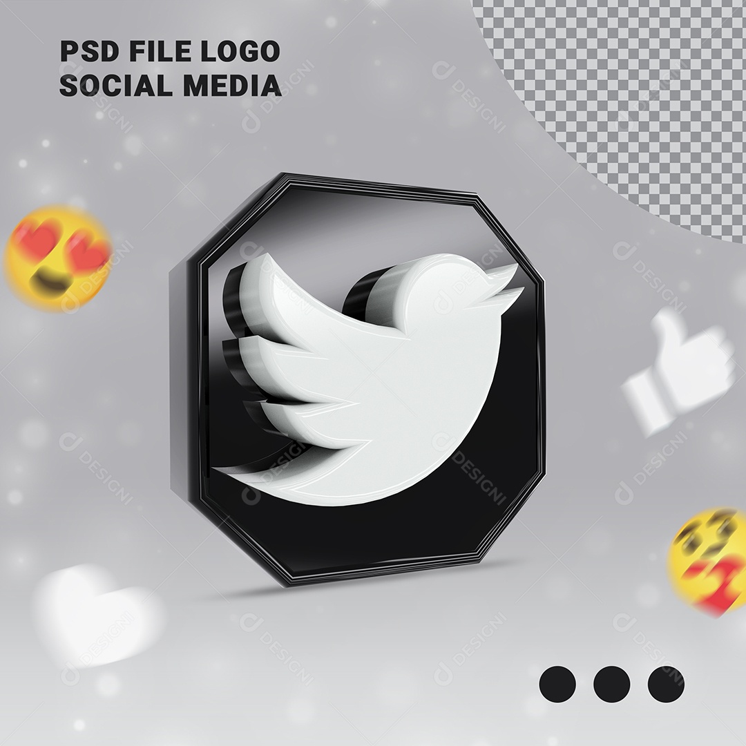 Ícone Twitter 3D Preto e Branco Elemento para Composição PSD