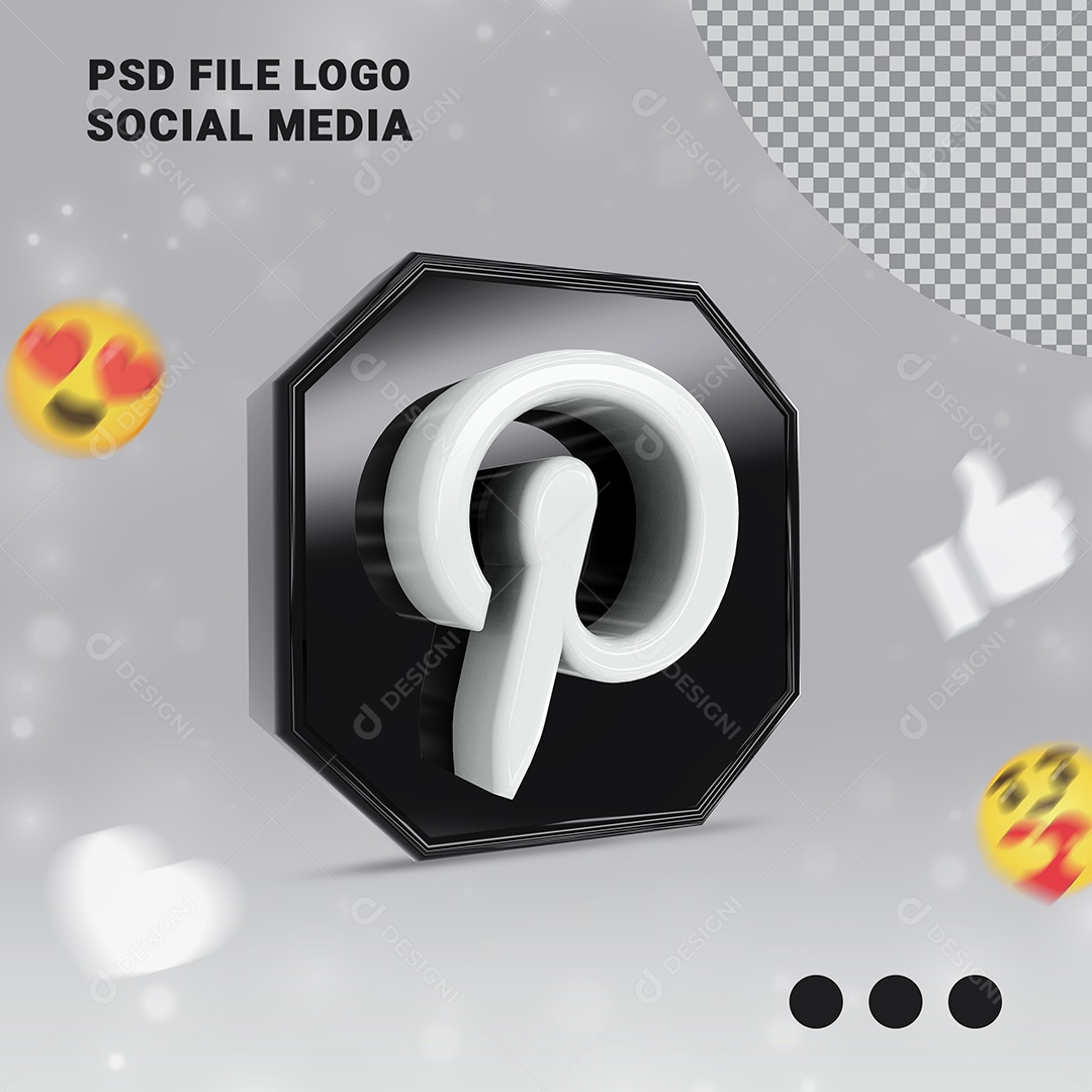Ícone Pinterest 3D Preto e Branco Elemento para Composição PSD