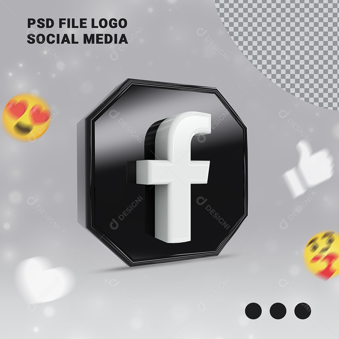 Ícone Facebook 3D Preto e Branco Elemento para Composição PSD