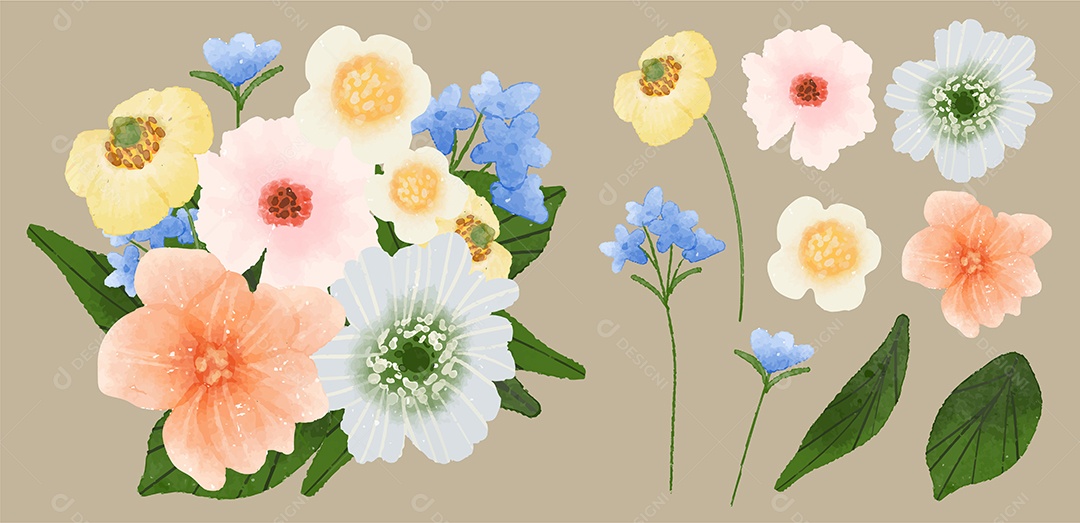 Lindo Desenho de Buquê de Flores para Decoração Vetores EPS Editável