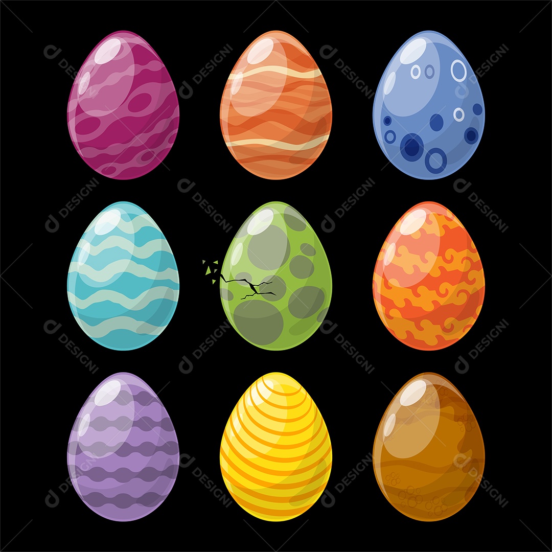 Conjunto de Ovos de Dinossauros em Desenho Animado Vetor EPS