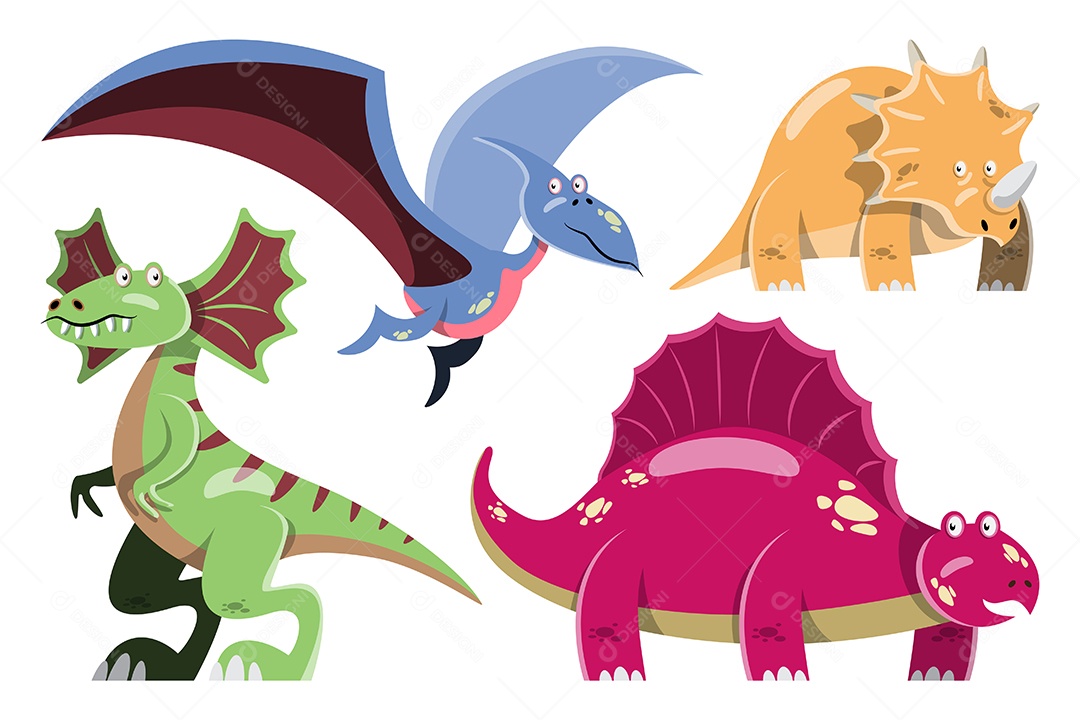 Conjunto de Dinossauros em Desenho Animado Vetor EPS