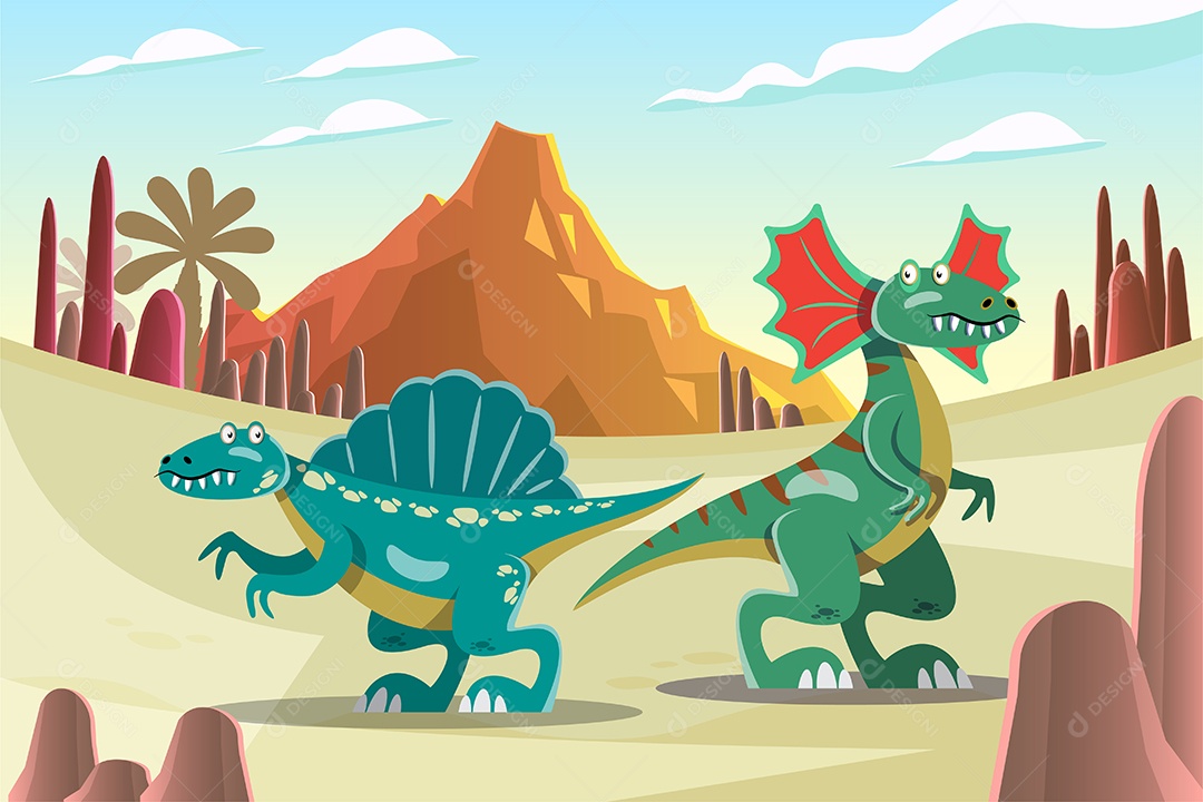 Dinossauros em Ilha em Desenho Animado Vetor EPS