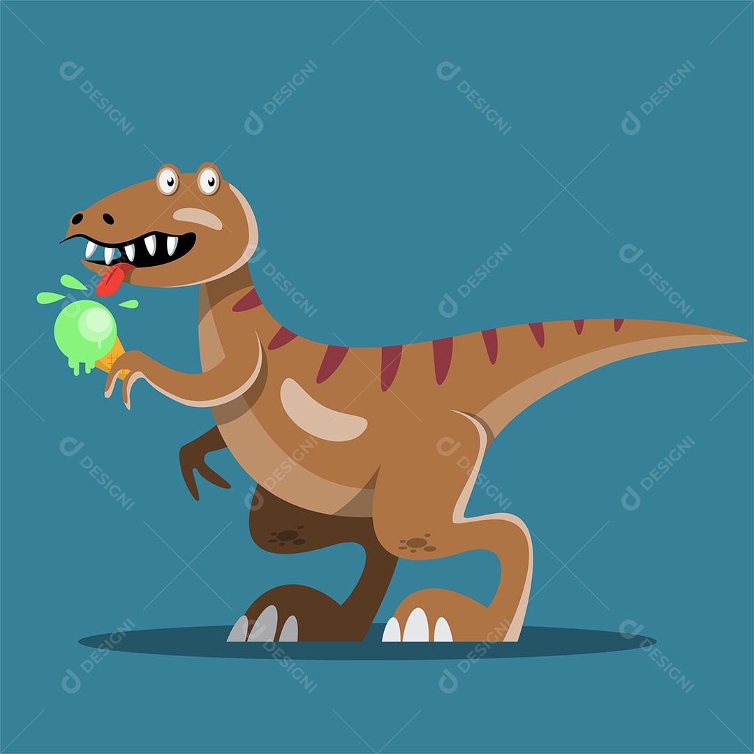 Dinossauro Tomando Sorvete de Casquinha Desenho Animado Vetor EPS