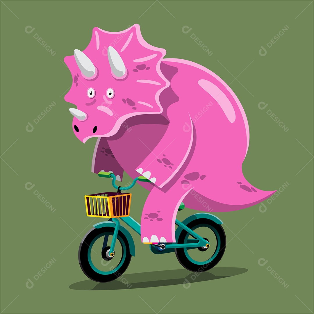 Dinossauro Rosa andando de Bicicleta em Desenho Animado Vetor EPS