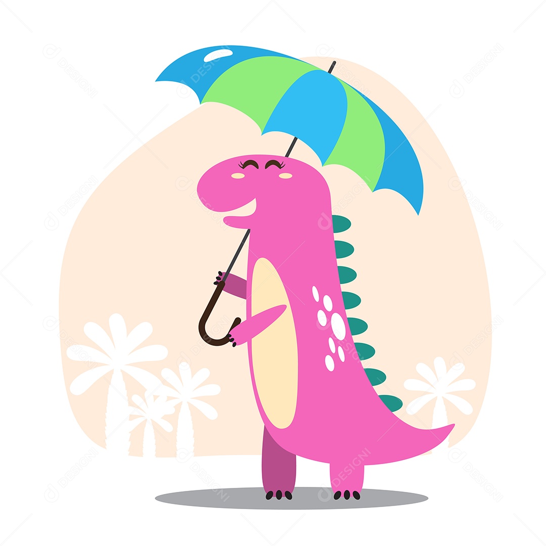 Dinossauro Passeando com Guarda Sol Desenho Animado Vetor EPS