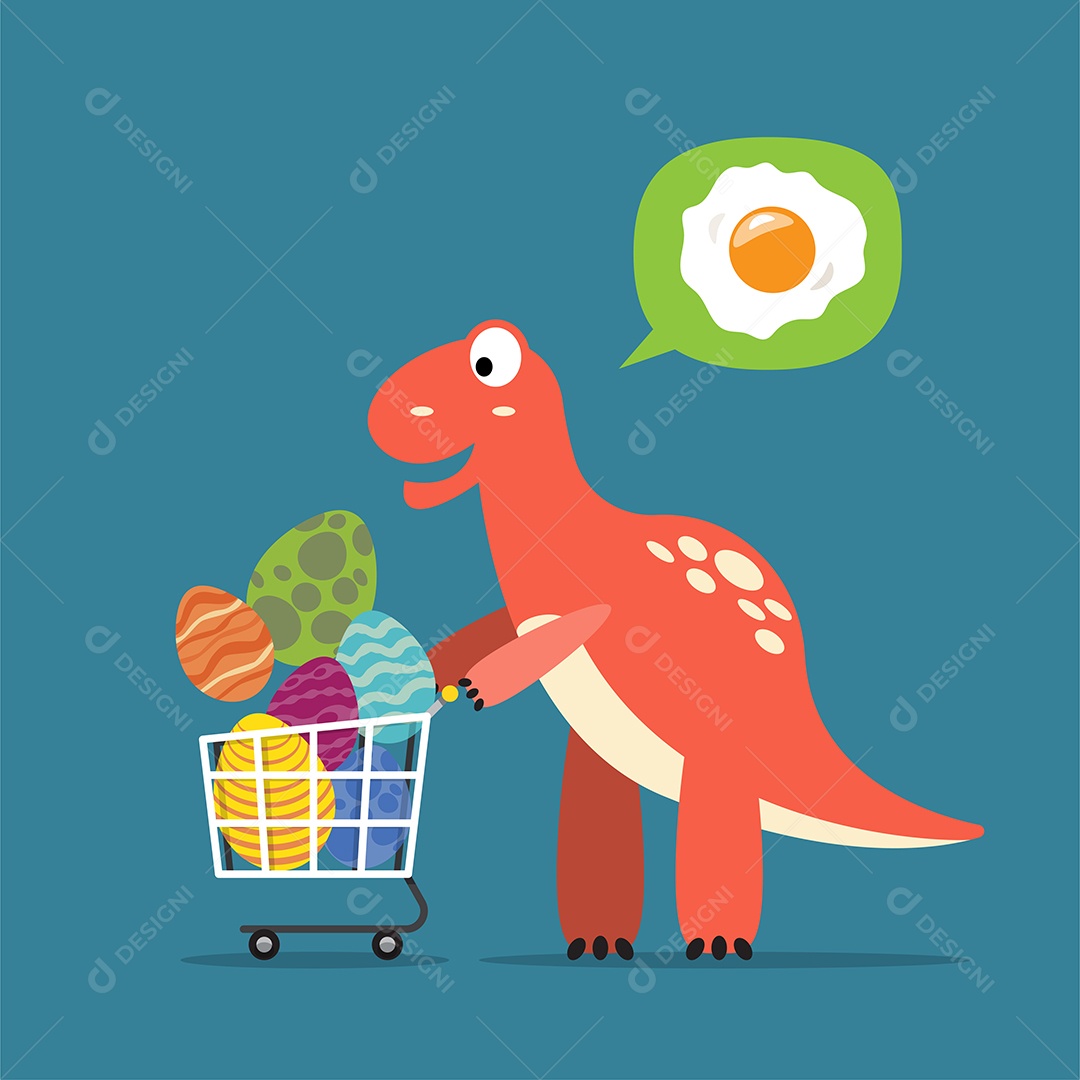 Dinossauros com Carrinho de Compras Cheio de Ovos Desenho Animado Vetor EPS