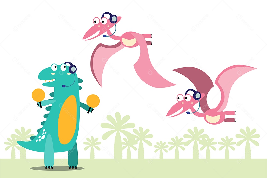Dinossauros com Fones se Comunicando Desenho Animado Vetor EPS