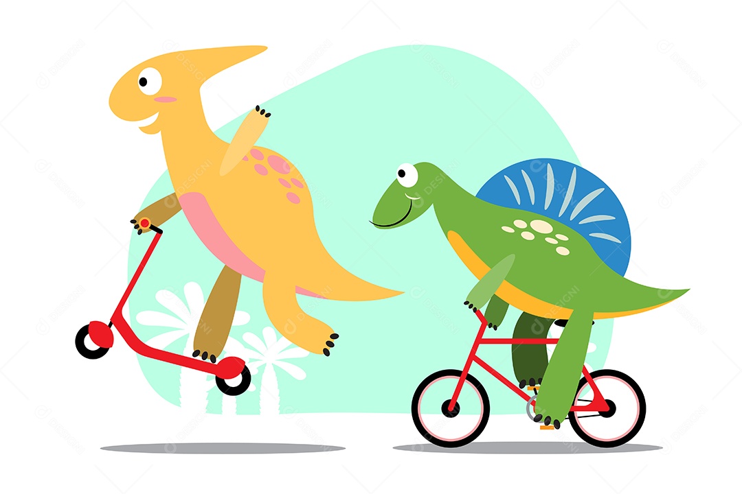 Dinossauros Andando de Patinete e Bicicleta Desenho Animado Vetor EPS