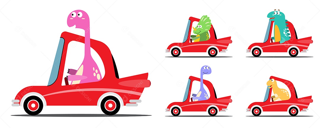 Dinossauros Dirigindo Carro Vermelho Desenho Animado Vetor EPS