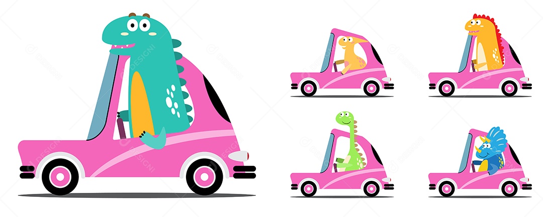 Dinossauros Dirigindo Carro Rosa Desenho Animado Vetor EPS