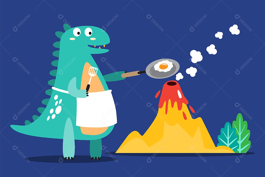 Dinossauro Fritando Ovo em Vulcão Desenho Animado Vetor EPS