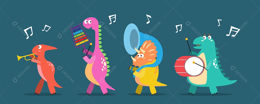 Dinossauros Tocando Vários Instrumentos Desenho Animado Vetor EPS