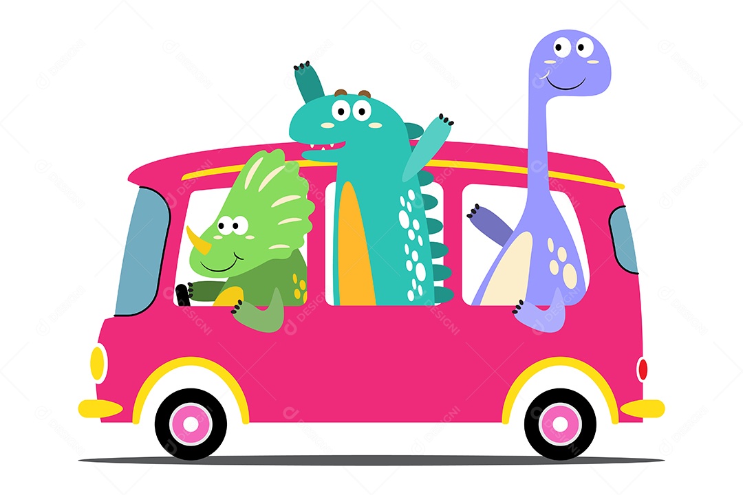 Dinossauros Dentro de Kombi Desenho Animado Vetor EPS